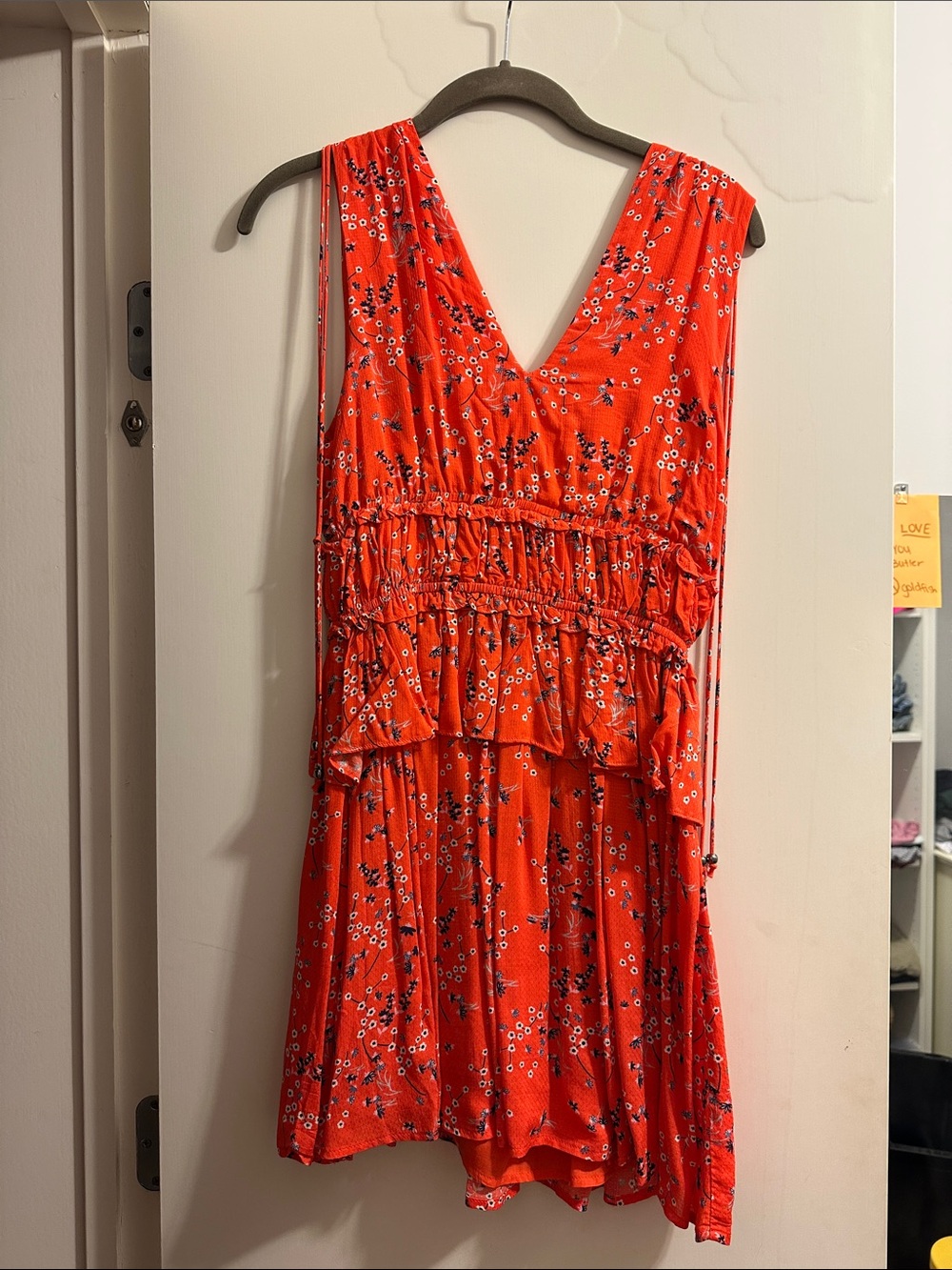 Line & Dot Red Floral V-Neck Ruffle Tiered Mini Dress